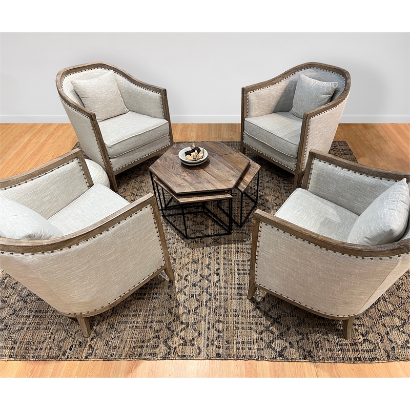Stella Lounge Chair Upholstered in Natural Fabric with Solid Wood Trim