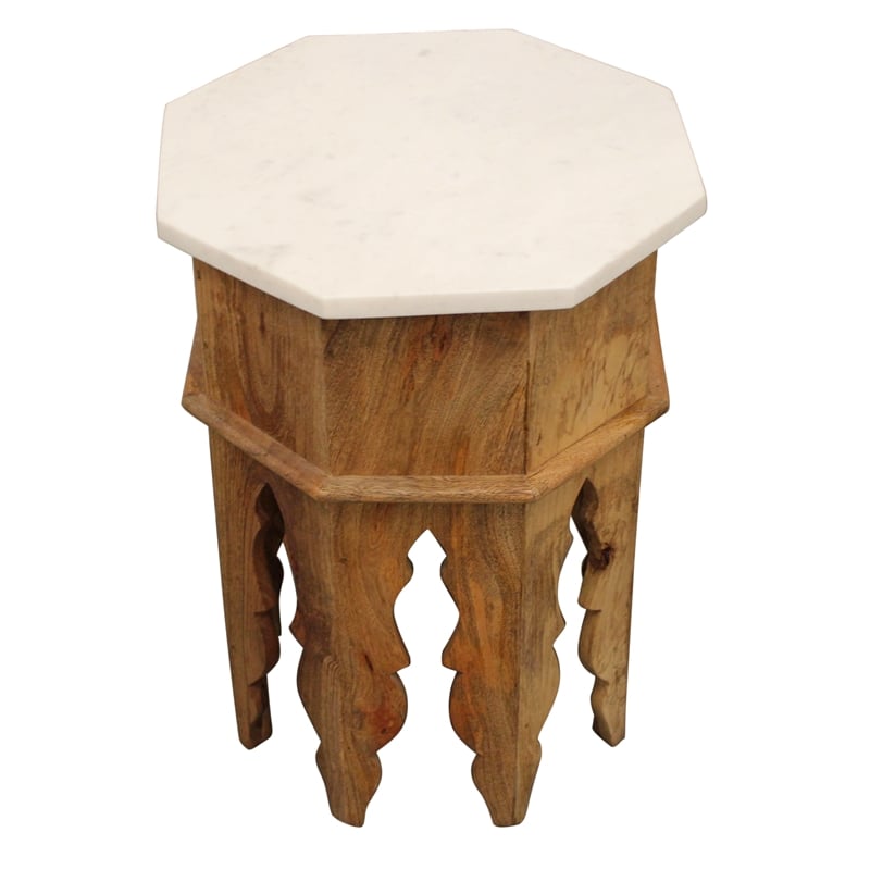 Orlando Pillar Solid Wood Octagonal Side Table with Marble Top in Ivory
