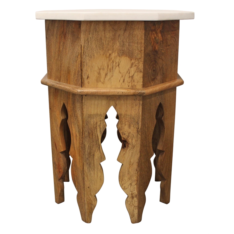 Orlando Pillar Solid Wood Octagonal Side Table with Marble Top in Ivory