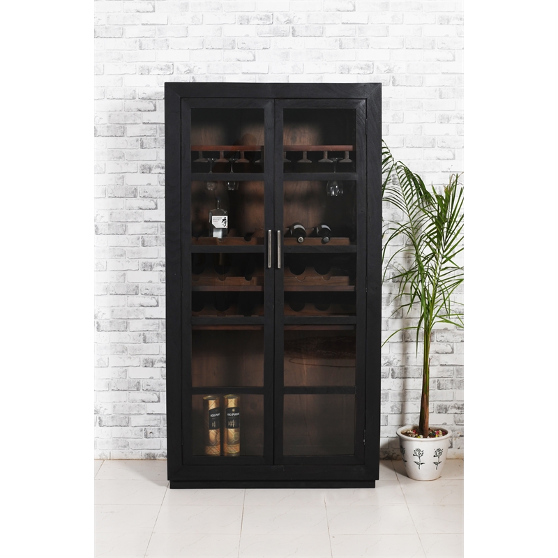 Fernious Tall Wine Cabinet in Dark Gray Finish on Mango Solid Wood