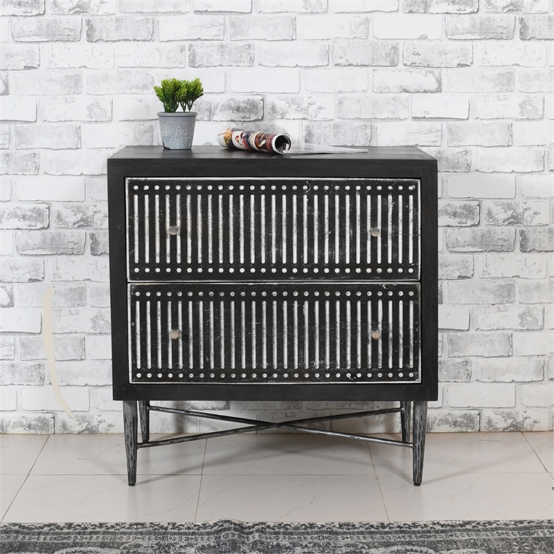 Sarah 2 Drawer Nightstand in Mango Solid Wood Antique Brown Finish on Iron Base
