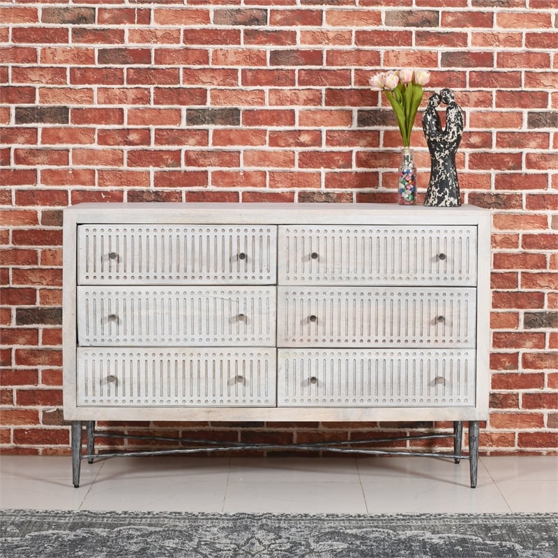 Sarah 6 Drawer Chest in Mango Solid Wood Brushed Ivory Finish on Forged Iron