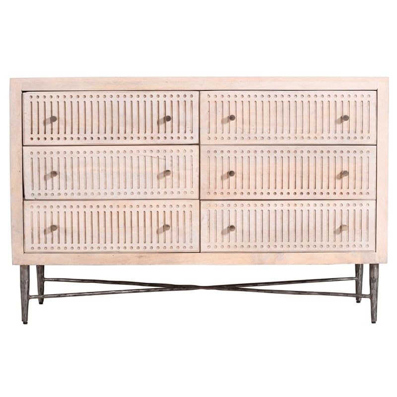Sarah 6 Drawer Chest in Mango Solid Wood Brushed Ivory Finish on Forged Iron