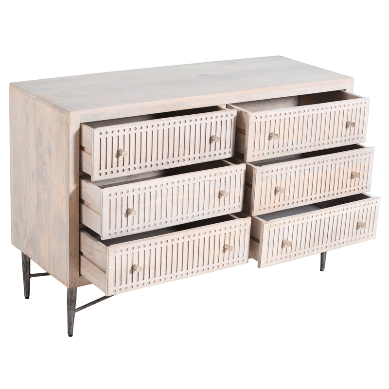 Sarah 6 Drawer Chest in Mango Solid Wood Brushed Ivory Finish on Forged Iron