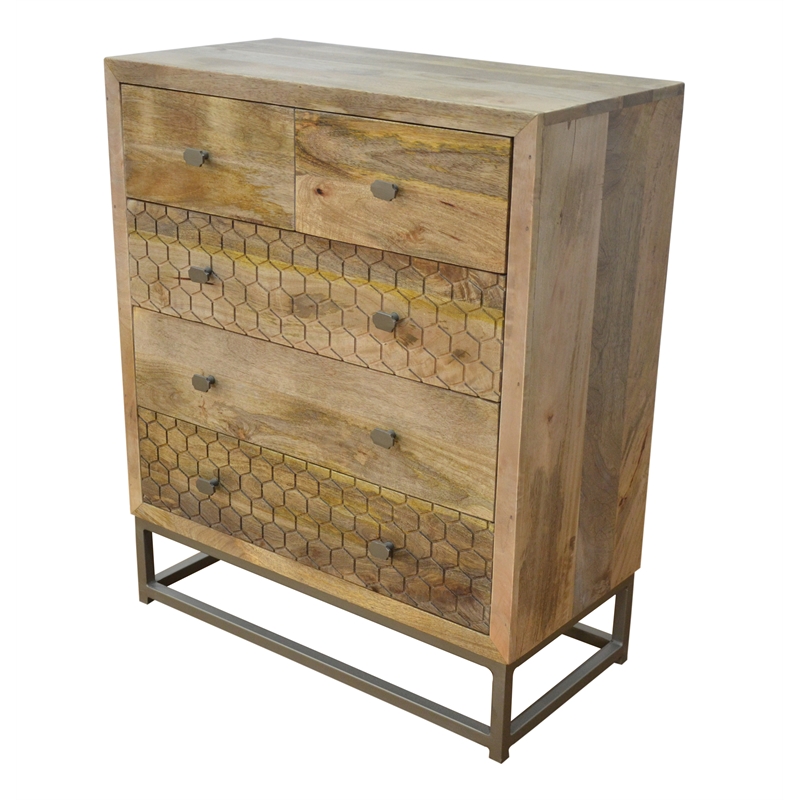 Harlow 5 Drawer Dresser Solid Wood Natural Finish on Brass-Finished Iron Frame