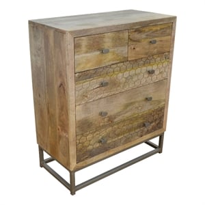 Harlow 5 Drawer Dresser Solid Wood Natural Finish on Brass-Finished Iron Frame
