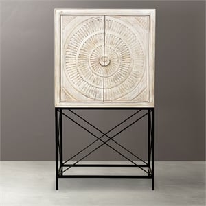 Albert Solid Wood Wine Cabinet with 2 Hand-Carved Doors in Distressed White