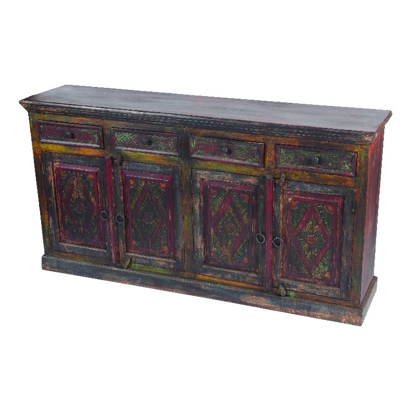 Arvada Mango Solid Wood 4 Door 4 Drawer Hand-Carved Buffet in Brown