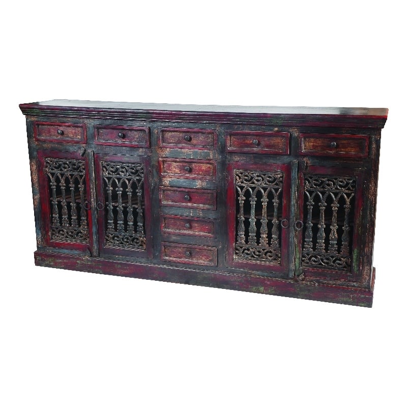 Arvada Mango Solid Wood 4 Door 9 Drawer Hand-Carved Buffet in Brown