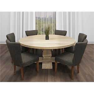 Benedict 7-piece Dining Set -70&quot Round Table in White & 6 Dark Gray Linen Chairs