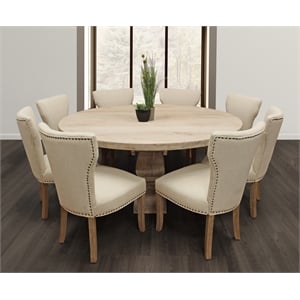 Benedict 9-piece Dining Set - 70&quot Round Table in White and 8 Ivory Linen Chairs