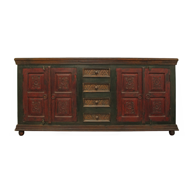 Arvada Mango Solid Wood 4 Carved Doors 4-Drawer Buffet in Multi-Color Finish