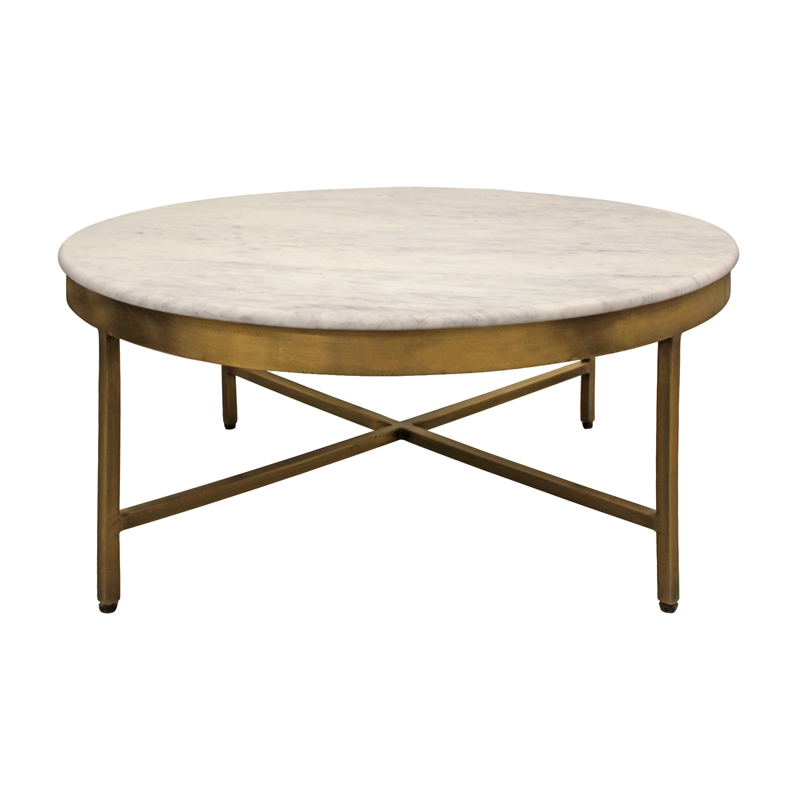 Orlando Carlton Ivory Marble Top Round Coffee Table on Brass Color Iron Base