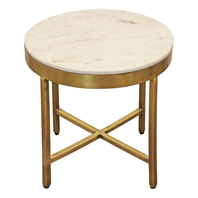 Orlando Carlton Ivory Marble Top Round Side Table on Brass Color Iron Base