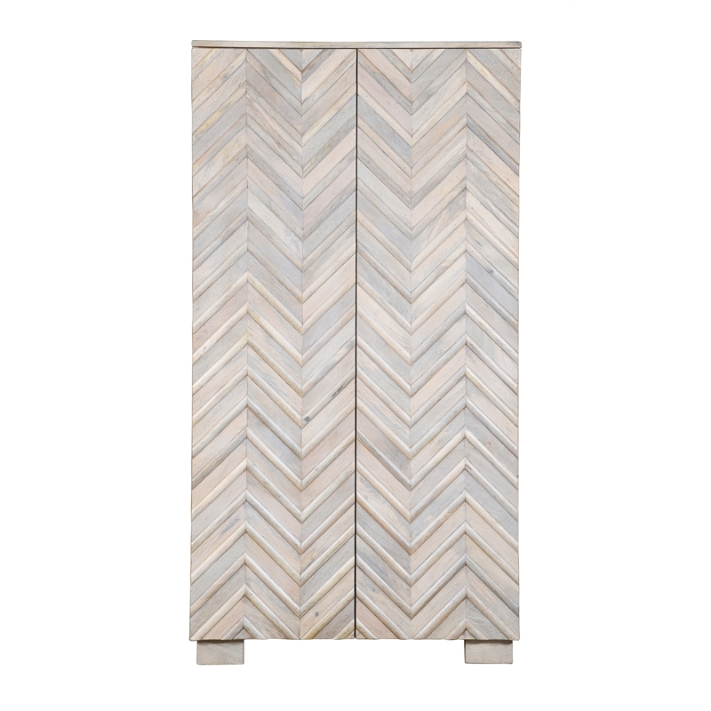 Zane Mango Solid Wood 2-Door Tall Cabinet with Zig-Zag Pattern in White Wash