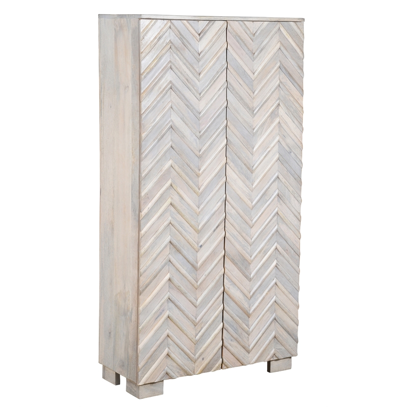 Zane Mango Solid Wood 2-Door Tall Cabinet with Zig-Zag Pattern in White Wash