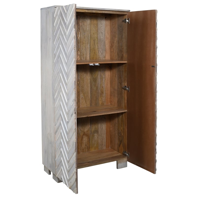 Zane Mango Solid Wood 2-Door Tall Cabinet with Zig-Zag Pattern in White Wash