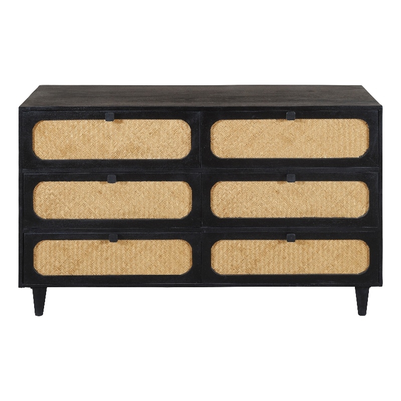 Navice 6 Woven Drawer Dresser with Solid Wood in Black Finish