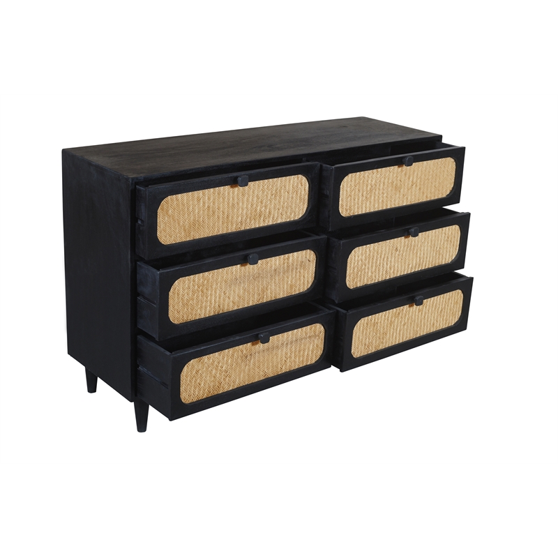 Navice 6 Woven Drawer Dresser with Solid Wood in Black Finish
