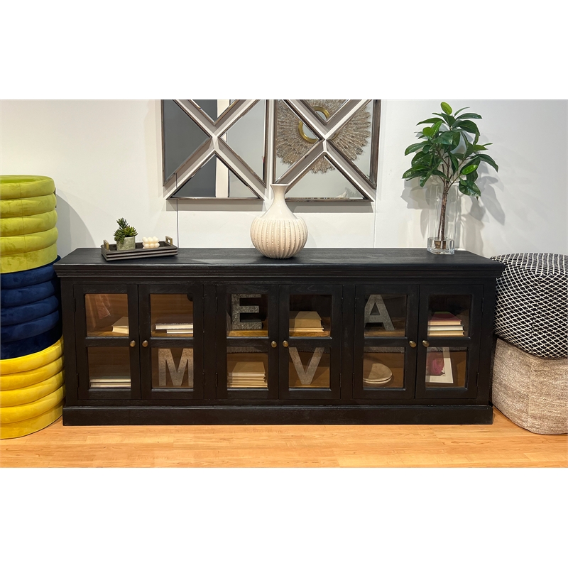Peachtree 6-Door Mango Solid Wood & Glass Sideboard in Charcoal Gray