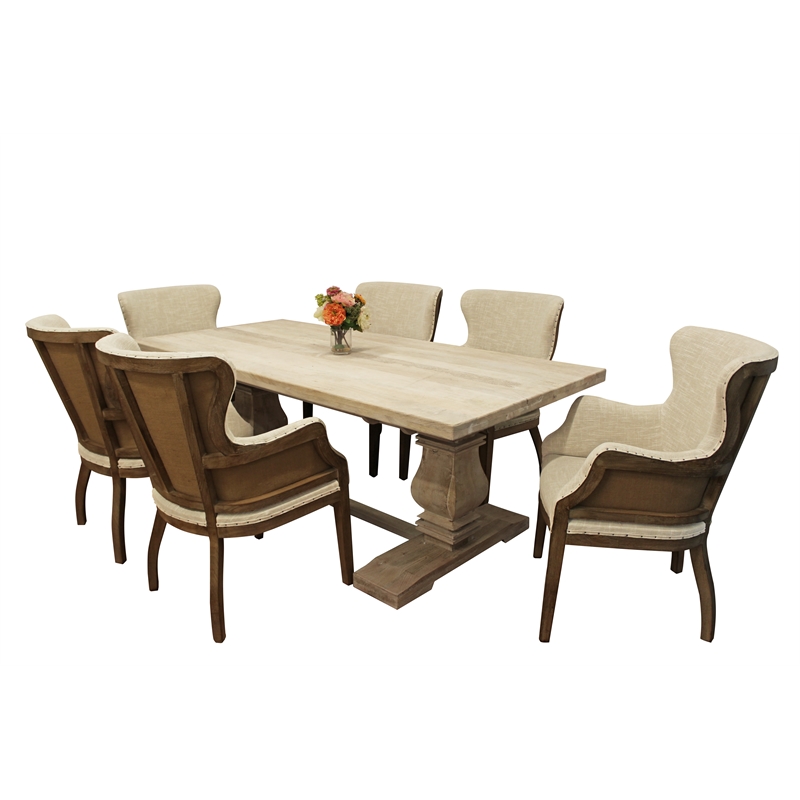 Benedict 7-Piece Extension Dining Set with 6 Natural Linen Upholstered Chairs