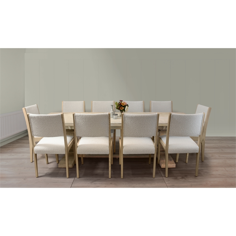 Benedict Extendable Dining Set with 10 Solid Wood Chairs in Ivory Boucle Fabric