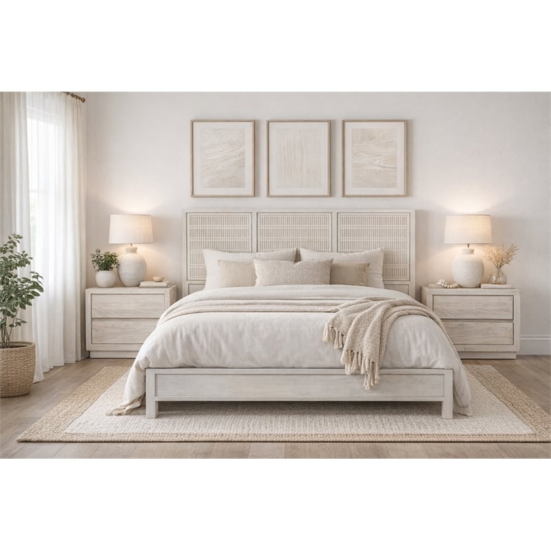 Sarah Queen Sized Mango Solid Wood Bed with Brushed Ivory Finish