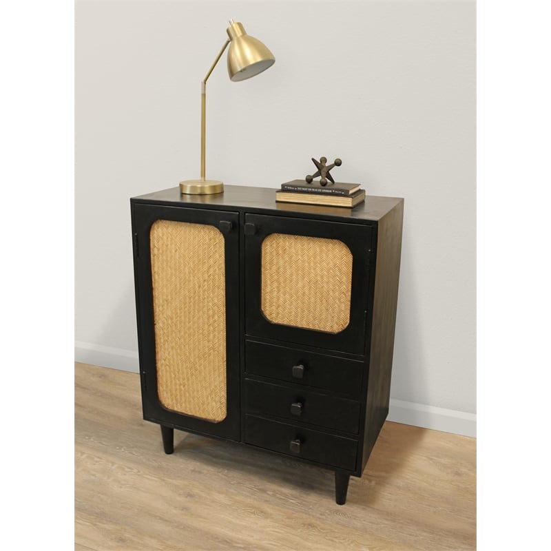 Lavaca Solid Wood and Cane 3-Drawer 2-Door Sideboard in Brown