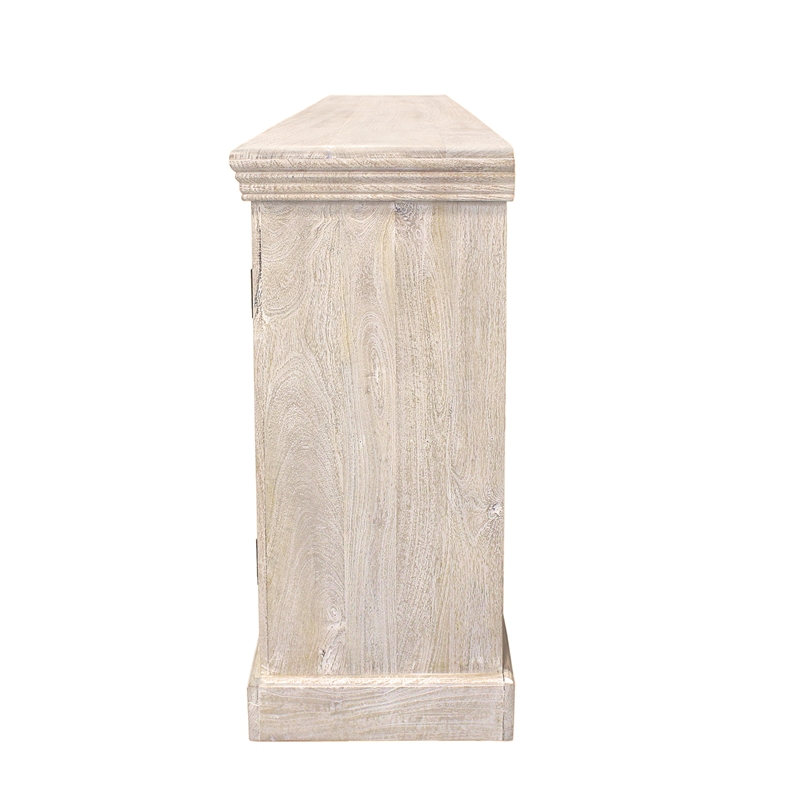 Tropez 6-Door Solid Wood Sideboard With Glass Panel in Distressed White Finish