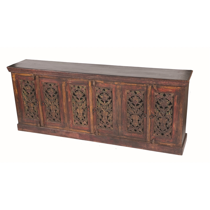 Arvada 6-Door Buffet Hand-Carved Solid Wood in Traditional Brown