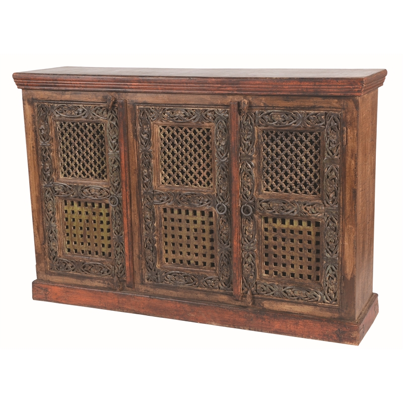 Arvada 3-Door Buffet Hand-Carved Solid Wood in Traditional Brown