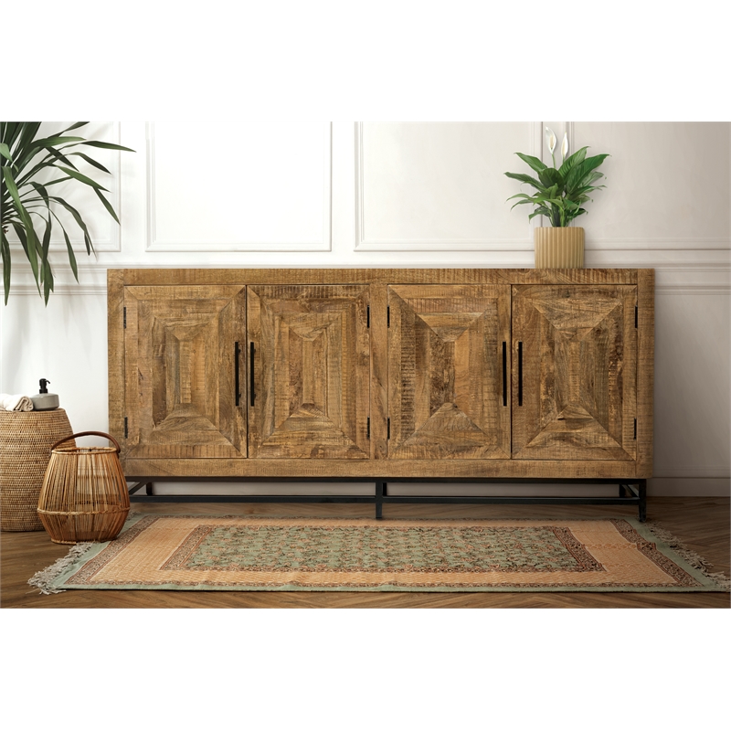 Stanton 4 Door Sideboard Solid Wood with Natural Finish on Iron Base