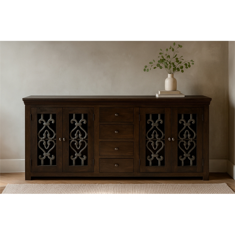 Hearst 4-Door 4-Drawer Sideboard in Traditional Barista Brown Finish Solid Wood