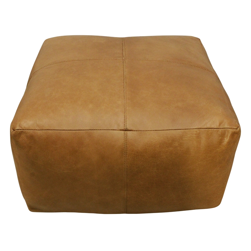 Batton Genuine Leather Pouf in Mid-Century Caramel Tan Finish