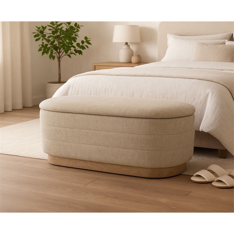 Jackie Storage Bench in Contemporary Beige Multi-Weave Fabric on Solid Wood Base