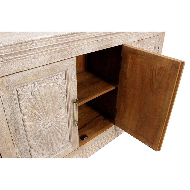 Carter 4-Door Sideboard in Distressed White Traditional Hand Carved Solid Wood