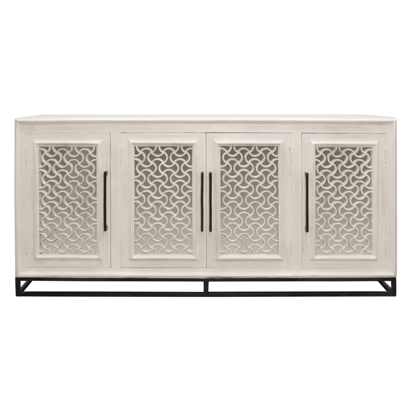 Juno 4-Door Sideboard in Distressed White with Traditional Carving on Solid Wood