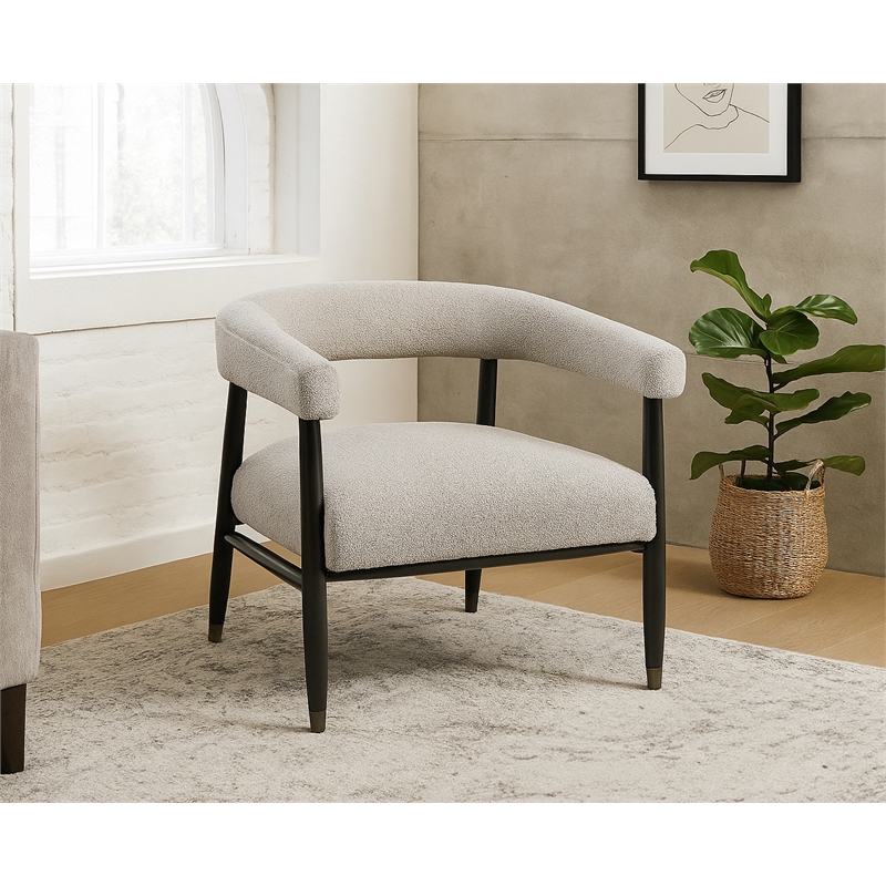 Quinn Arm Chair in Silver Boucle Fabric with Mid-century Space Black Wood Frame