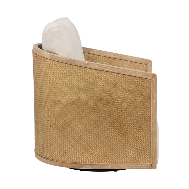 Keegan Rattan Swivel Chair in Ivory Linen Fabric with Coastal Solid Wood Trim