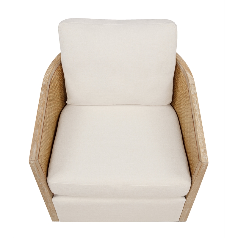 Keegan Rattan Swivel Chair in Ivory Linen Fabric with Coastal Solid Wood Trim