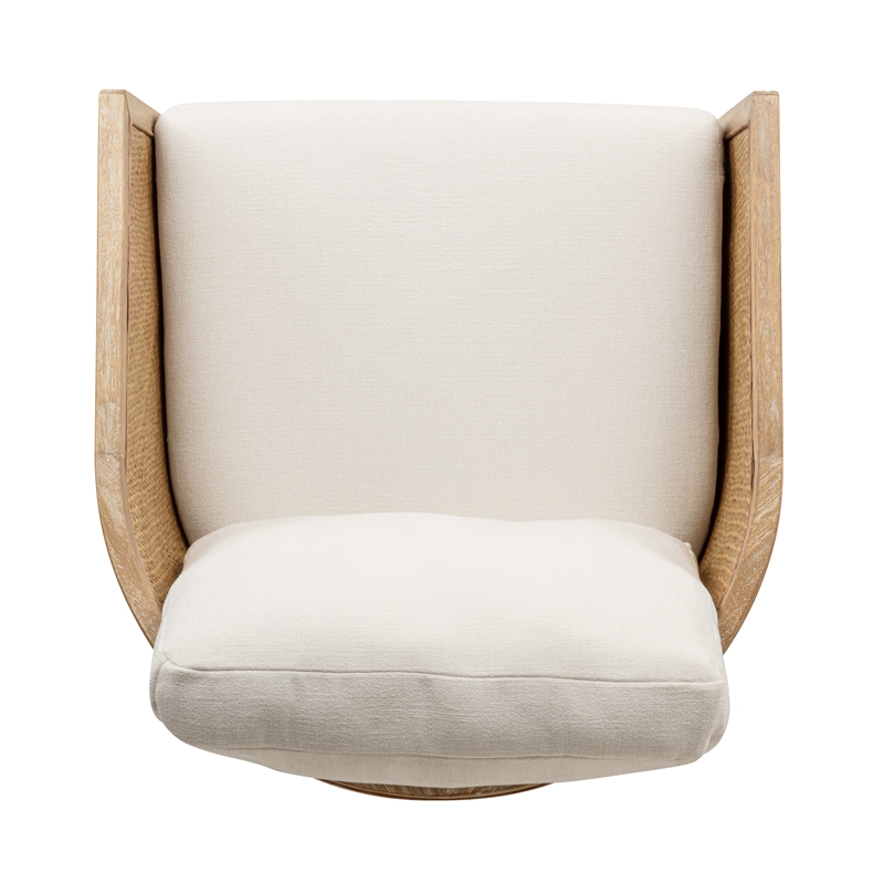 Keegan Rattan Swivel Chair in Ivory Linen Fabric with Coastal Solid Wood Trim