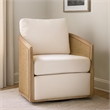 Keegan Rattan Swivel Chair in Ivory Linen Fabric with Coastal Solid Wood Trim