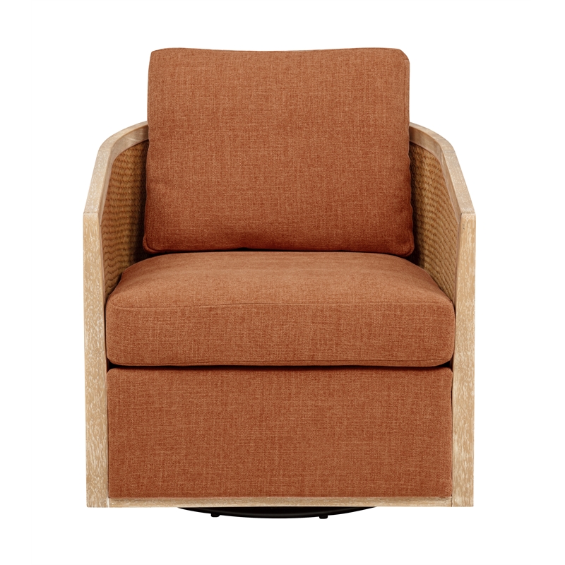 Keegan Rattan Swivel Chair in Terracotta Linen Fabric with Coastal Wood Trim