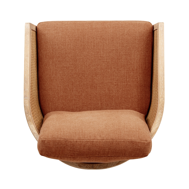 Keegan Rattan Swivel Chair in Terracotta Linen Fabric with Coastal Wood Trim