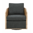 Keegan Rattan Swivel Chair in Denim Linen Fabric with Coastal Solid Wood Trim