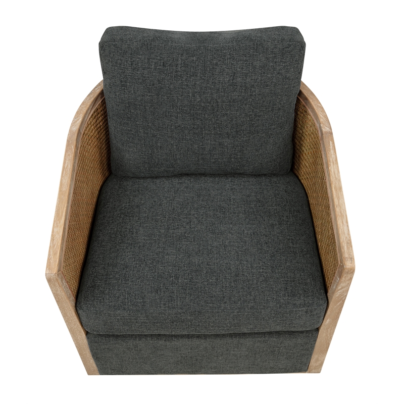 Keegan Rattan Swivel Chair in Denim Linen Fabric with Coastal Solid Wood Trim