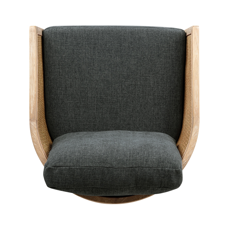 Keegan Rattan Swivel Chair in Denim Linen Fabric with Coastal Solid Wood Trim