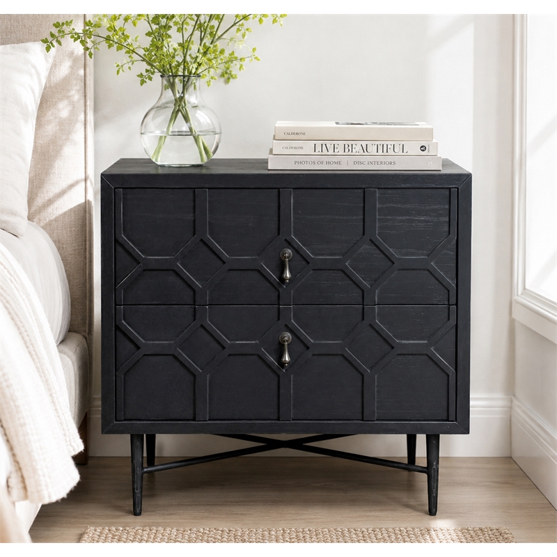 Samara 2-Drawer Small Nightstand in Contemporary Antique Black Pine Solid Wood