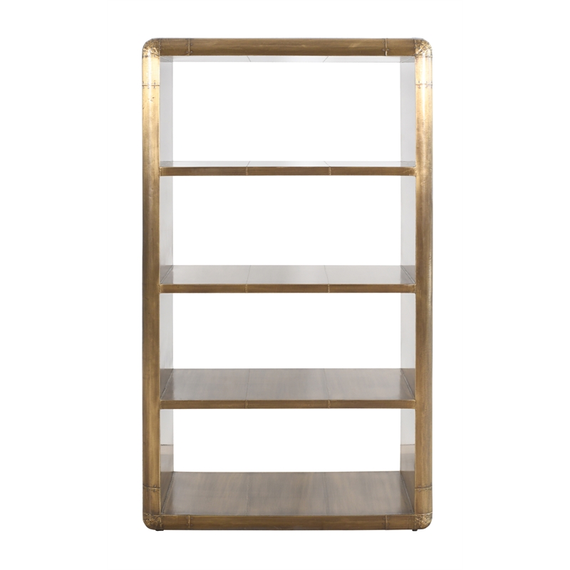 Pilot Book Case in Brass with 4 Shelves Crafted from Solid Wood and Aluminum
