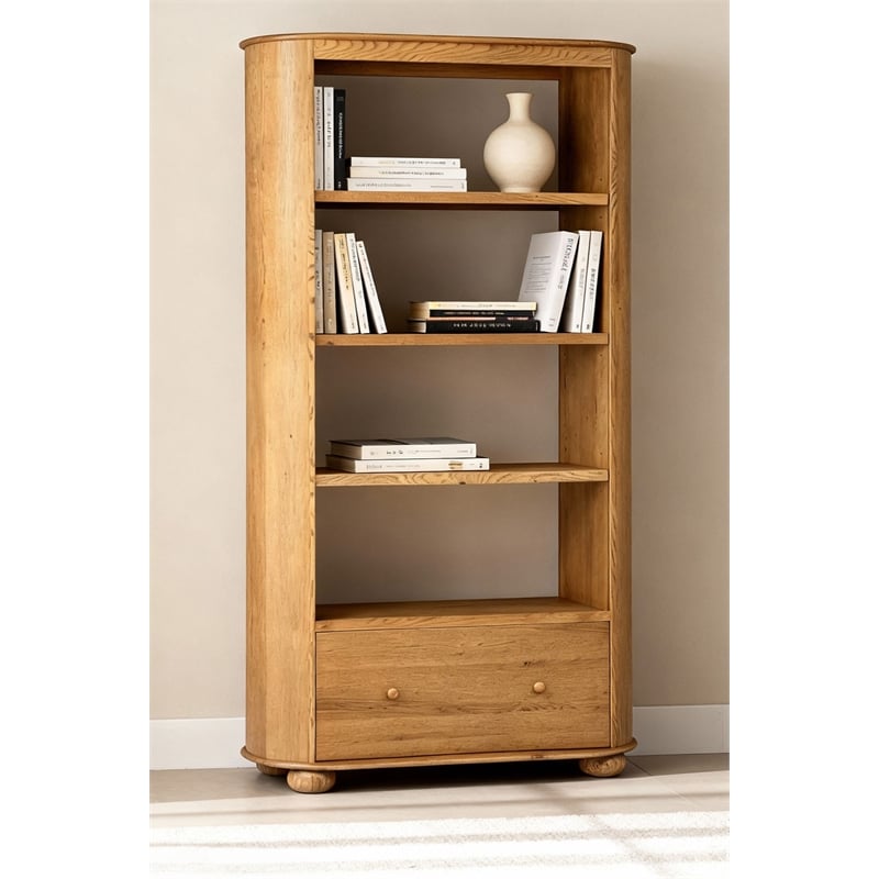 Astrid 1-Drawer Bookcase In Natural Finish on Oak Solid Wood